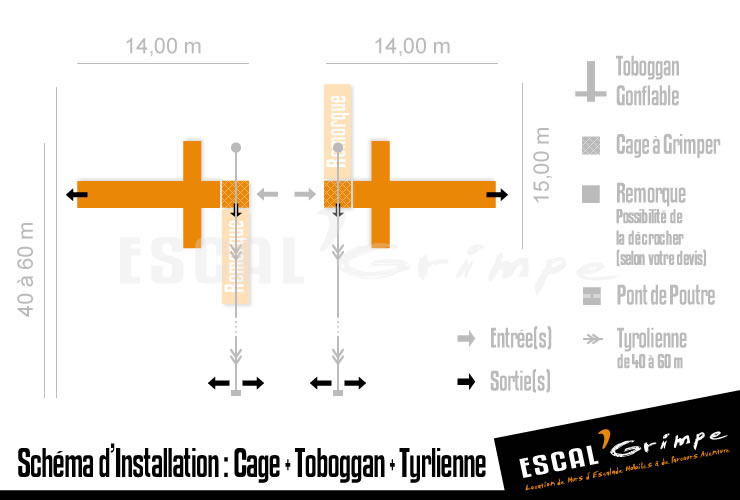 Schéma d'installation de la Cage à Grimper (8m) avec Toboggan gonflable et descente en Tyrolienne.