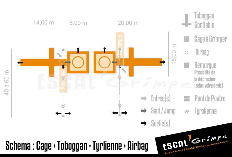 Schéma d'installation de la Cage à Grimper (8m) avec Toboggan, Tyrolienne et Airbag.