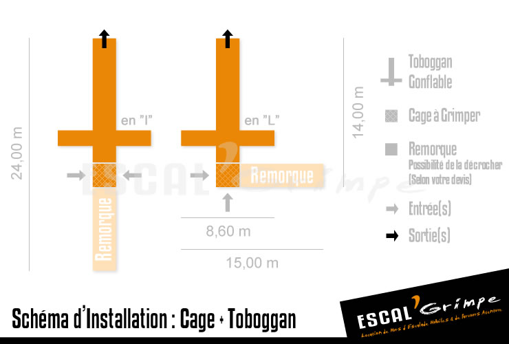 Schéma d'installation de la Cage à Grimper (8m) avec Toboggan gonflable.