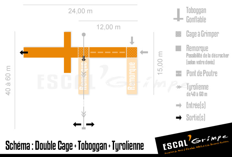 Schéma d'installation de la Double Cage à Grimper (8m) avec Toboggan gonflable et descente en Tyrolienne.