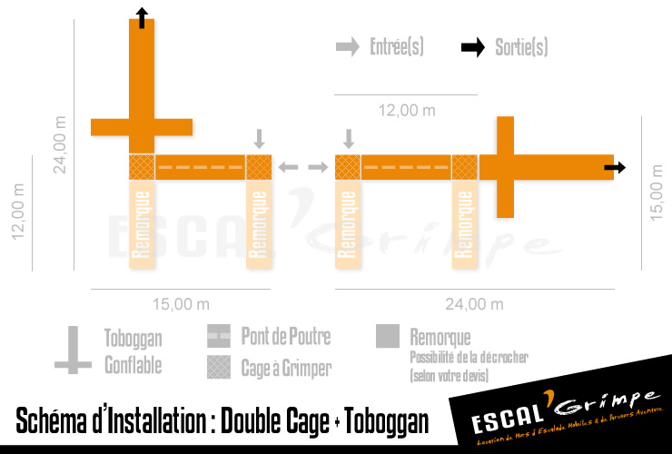 Schéma d'installation de la Double Cage à Grimper (8m) avec Toboggan gonflable.